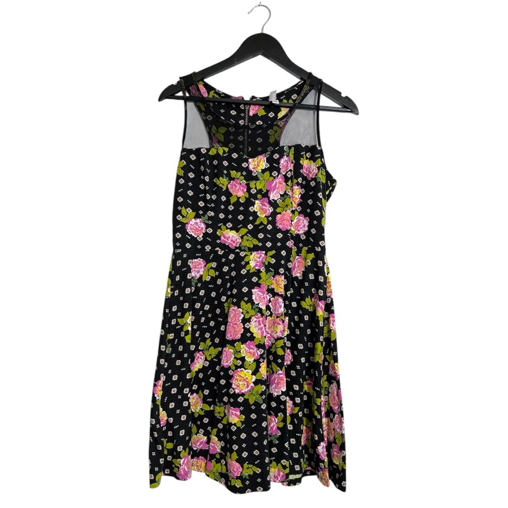 Xhilaration Black Floral Mesh Panel Fit Flare Dress Size Large Rocker Chic